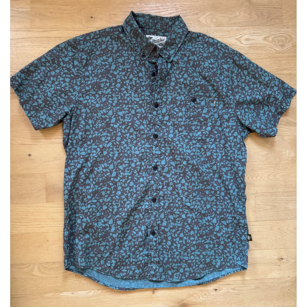 Howler Bros Mansfield Medium Blue Geometric Print Short Sleeve Button Down Shirt